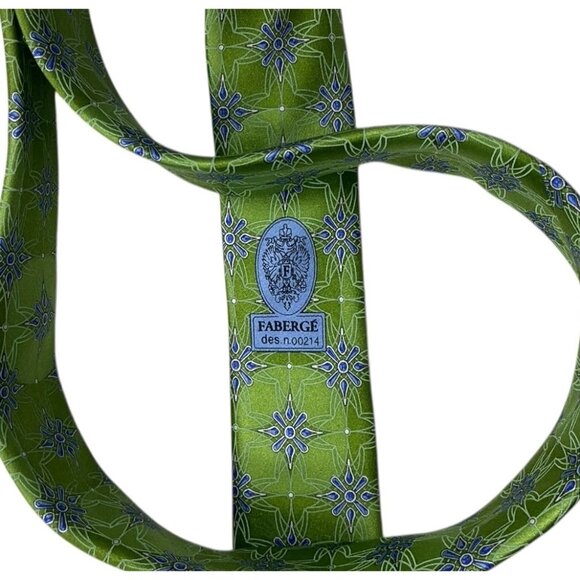 FABERGÉ Men's 100% Silk Necktie LUXURY Tie XL Green Blue Geometric W:3.6" EUC - Picture 4 of 6
